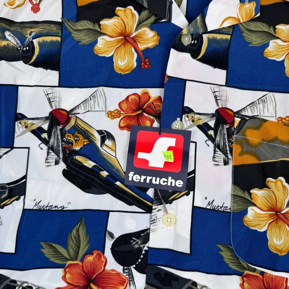 Vintage Ferruche Hawaiian Shirt Men's L Button Short Sleeve Floral Fighter Jet - Picture 3 of 7